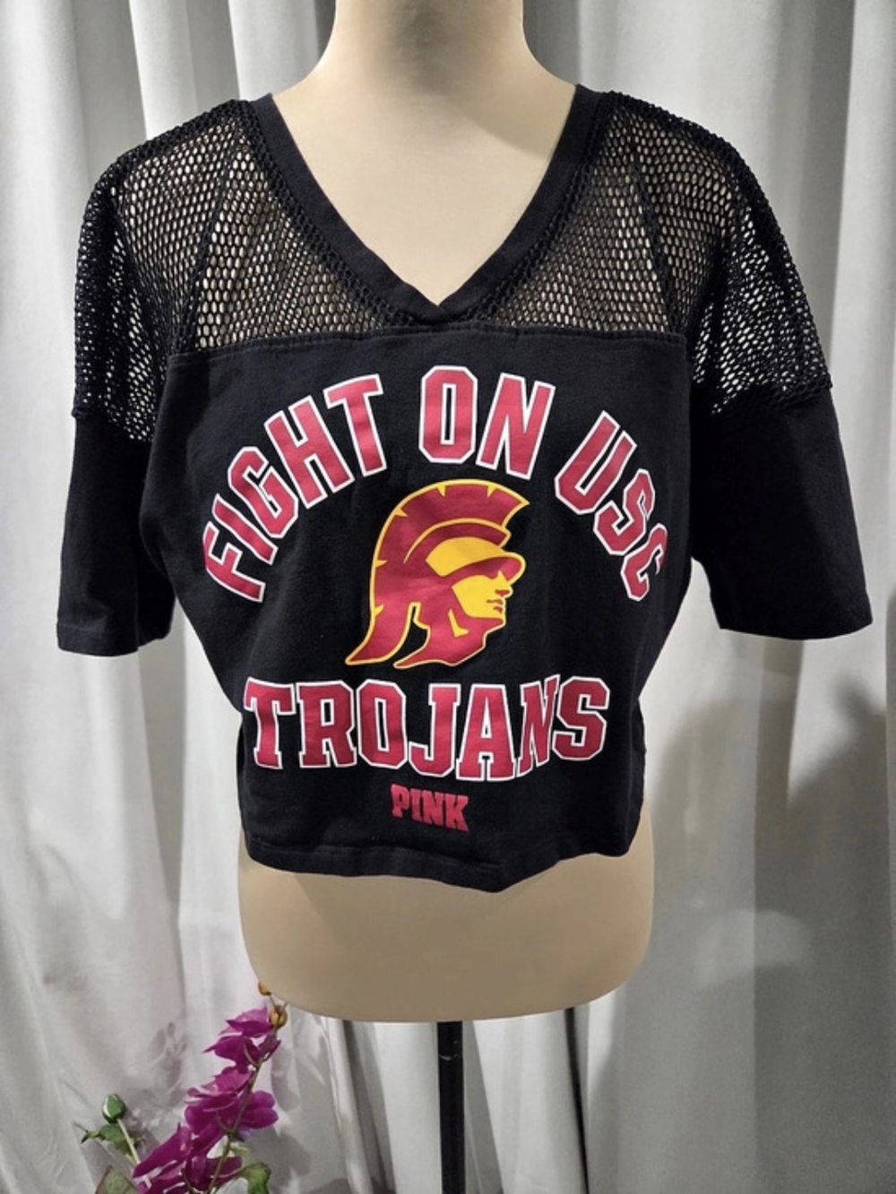 PINK USC Trojans Cropped Mesh Tee in Black
